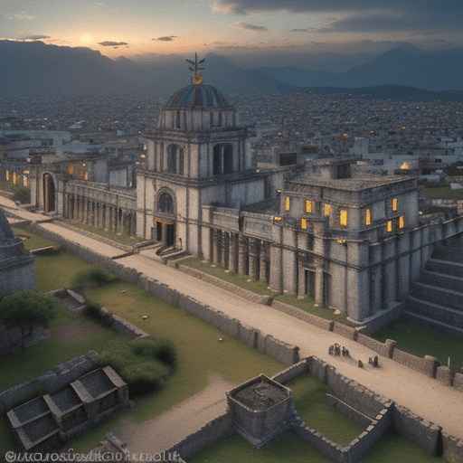 AI generated: High resolution photography Mexico, Aztec City, aerial photo, aesthetic anime style, nordic palette,...