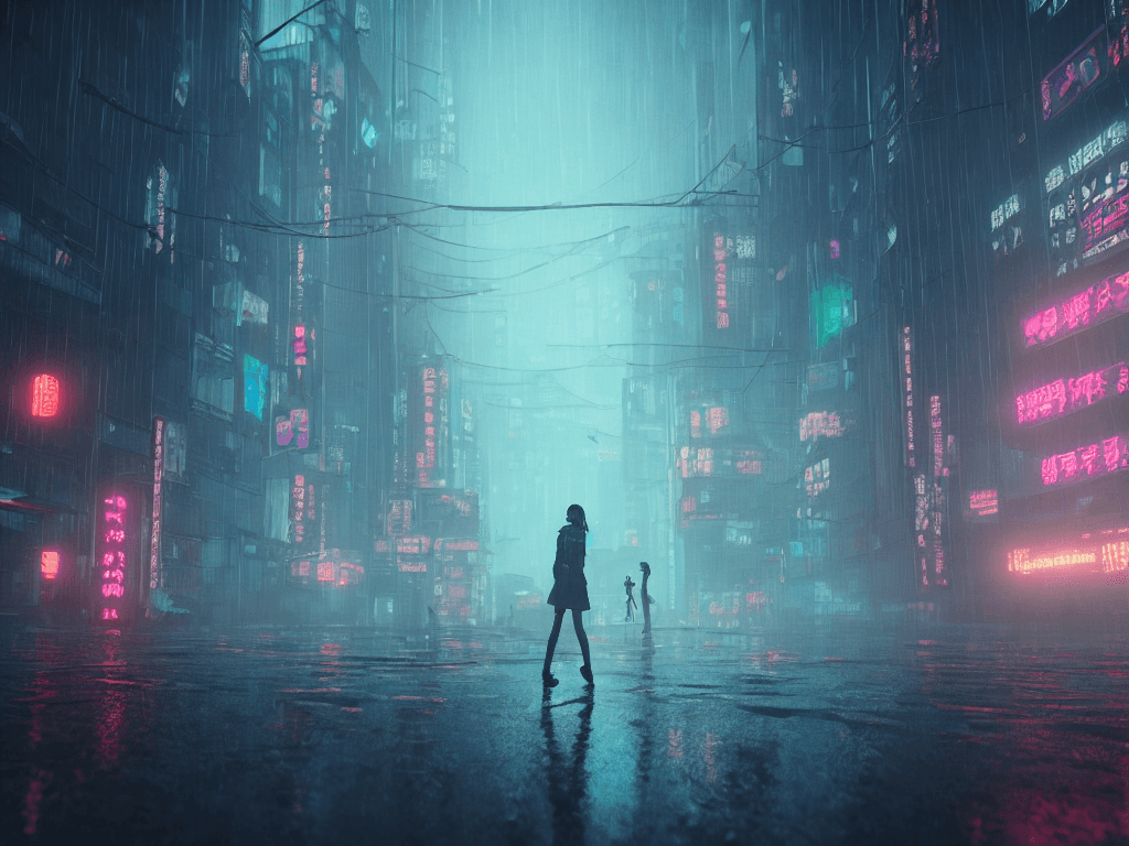 AI generated: necromance girl, rainy foggy cyberpunk city neo tokyo, cinematic lighting, reflections, 4k, hyperrea...