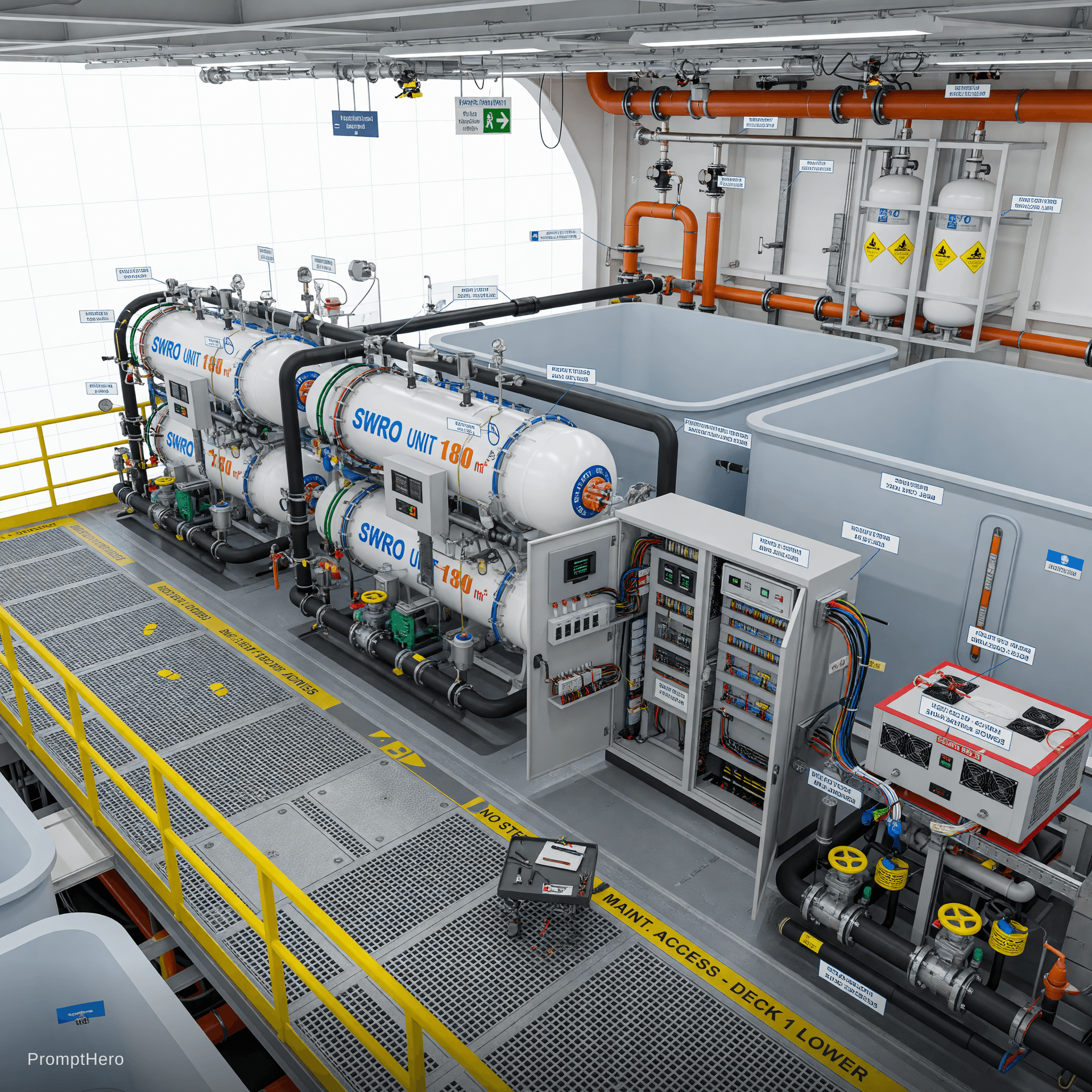 AI generated: Highly detailed technical interior close-up of Deck 1 lower technical area on Projekt Nomad, clean e...