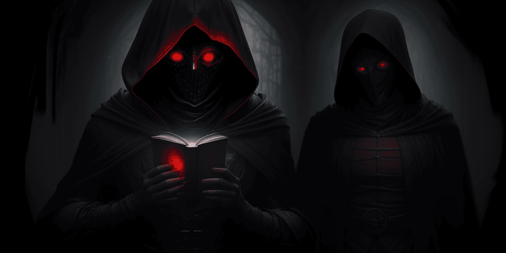 AI generated: man with red eyes librarian with dark hood covering face exploring forbidden knowledge of the high e...