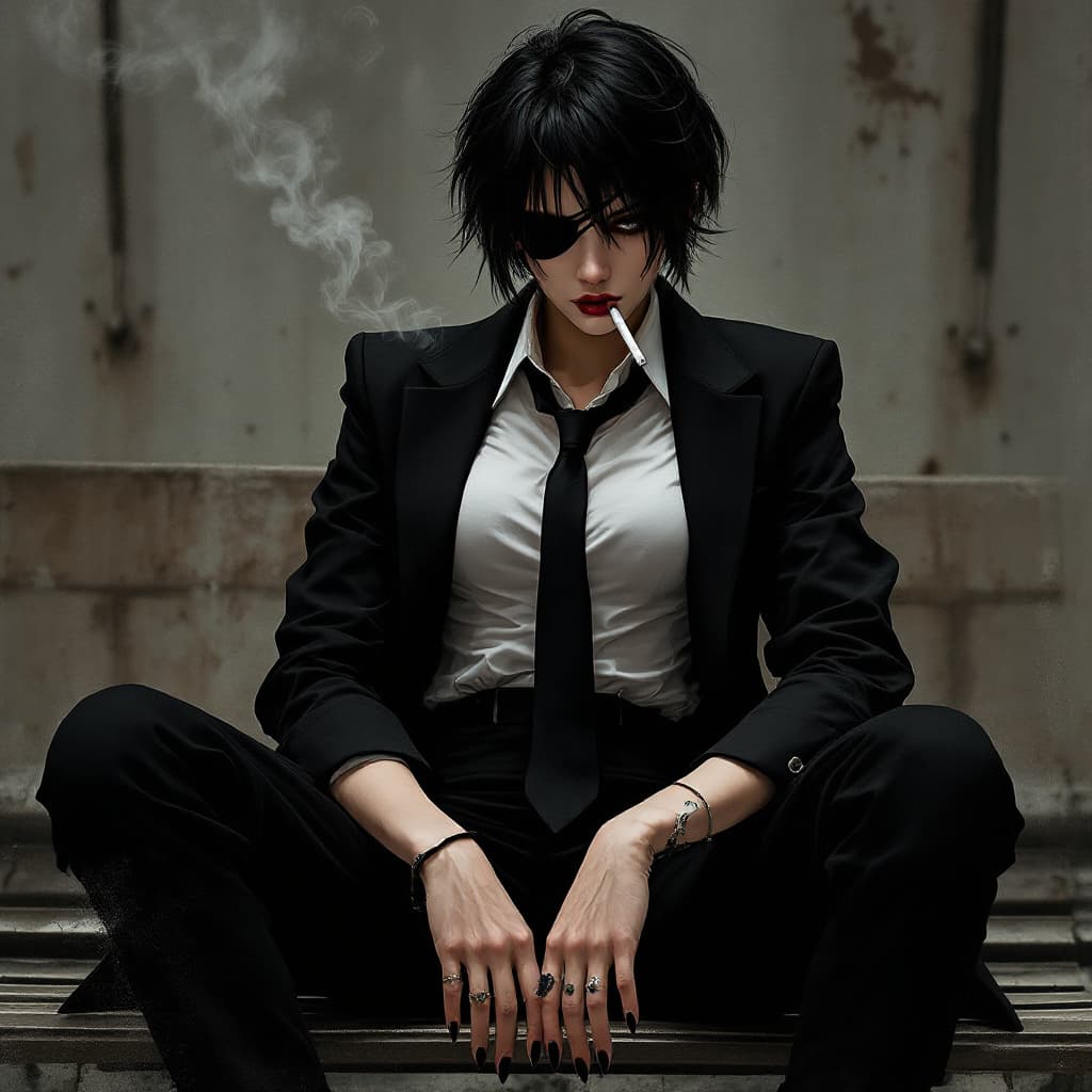 AI generated: full body portrait woman a powerful and dignified portrait ,one eyepatch, necktie, black short hair,...
