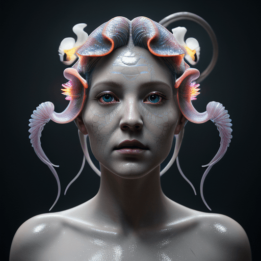 AI generated: Goddess close-up portrait ribcagel. jellyfish phoenix head, nautilus, orchid, skull, betta fish, bio...