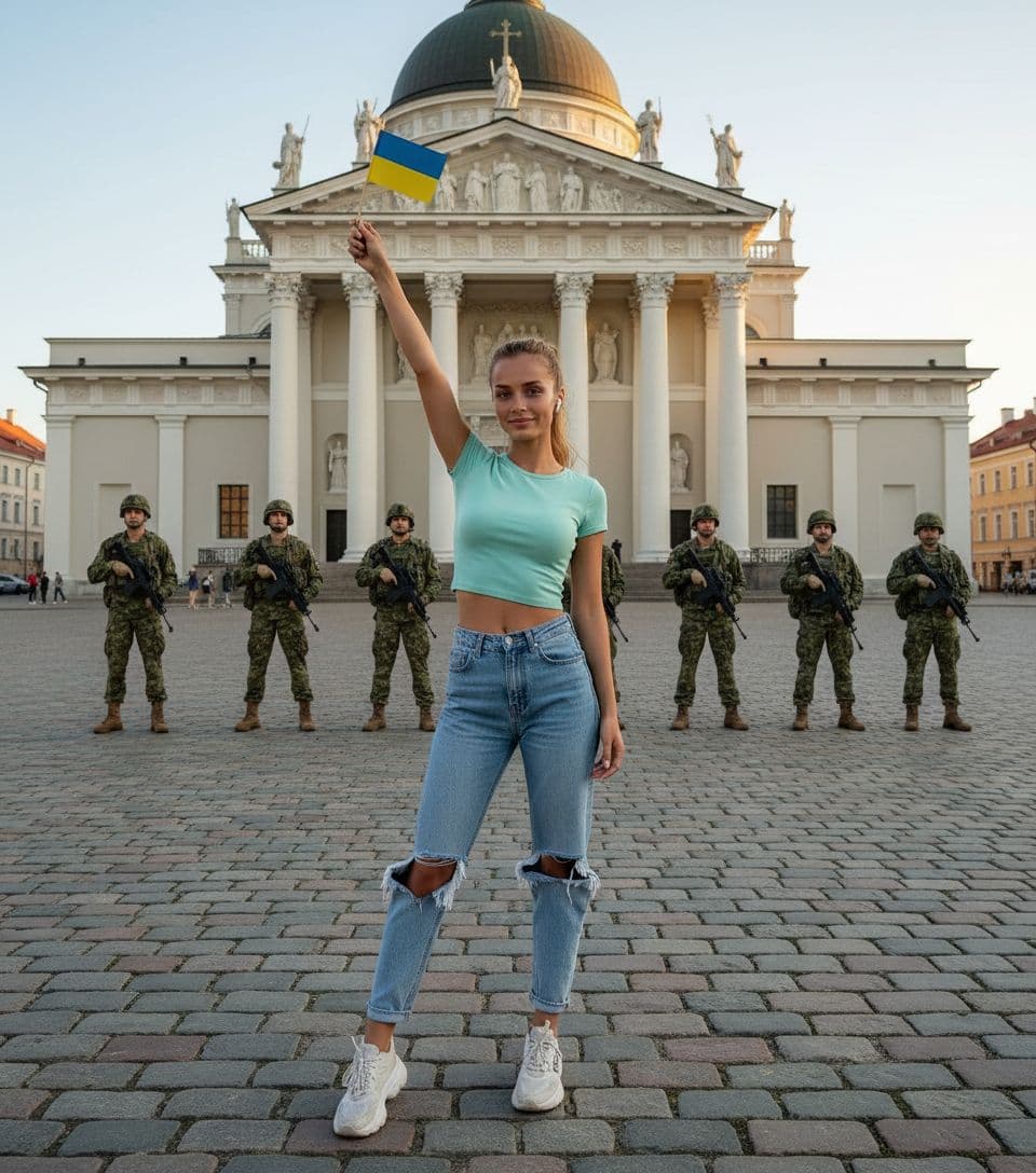 AI generated: 22-year-old 5 foot 7 Spanish girl, standing. stands in Vilnius Old Town against the backdrop in the ...