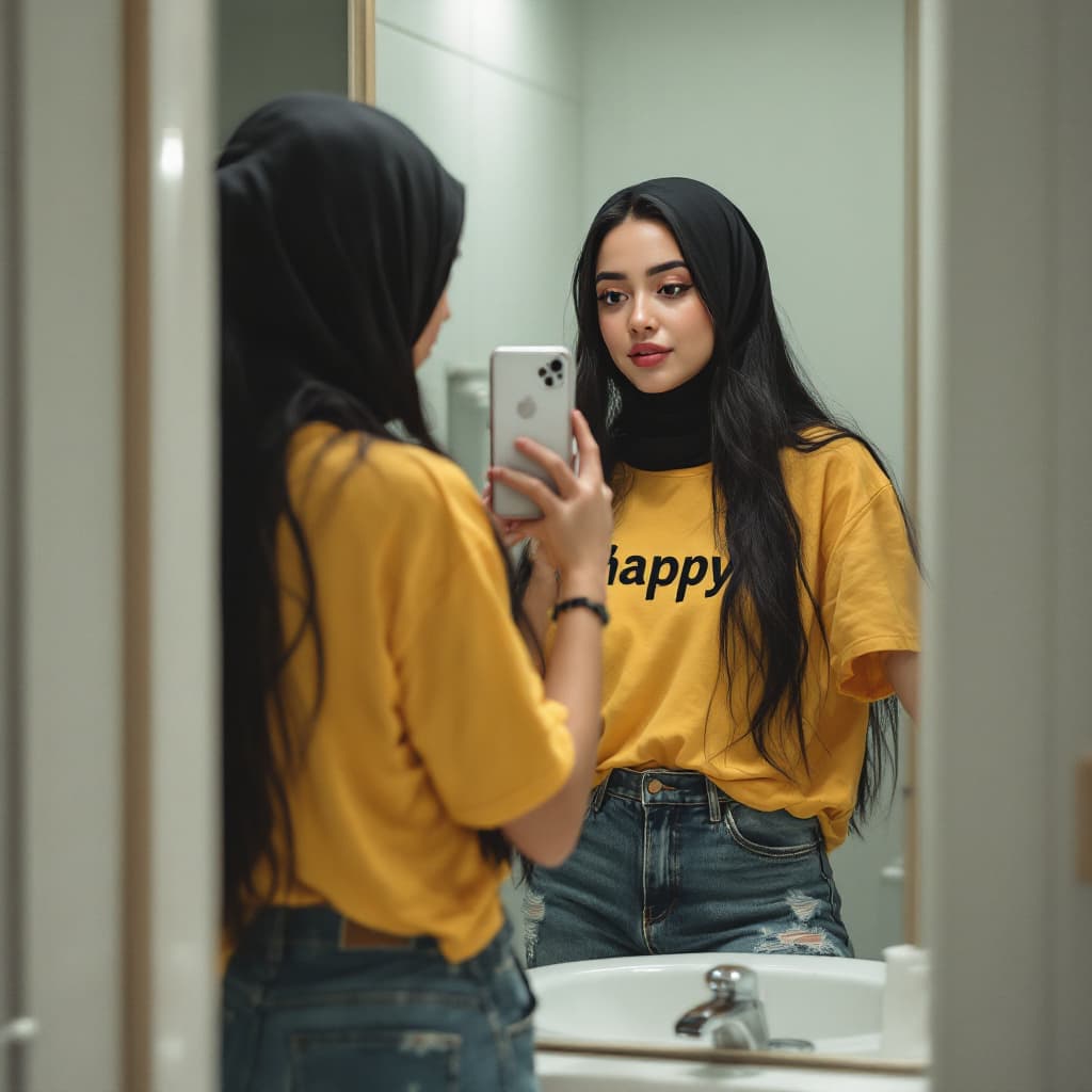 AI generated: A young muslim women with long black hair and wearing hijab is taking a selfie in her bathroom. She ...