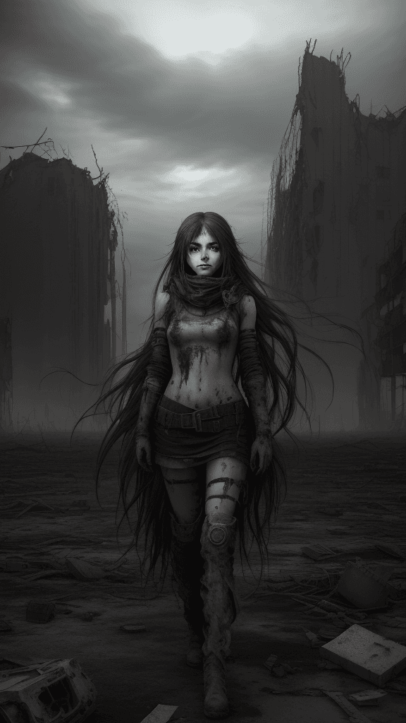 AI generated: A girl with long flowing hair stands alone in the middle of a post-apocalyptic landscape. The desola...