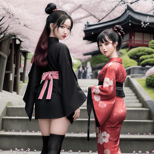 AI generated: ((masterpiece,best quality)),2girls, black kimono, black legwear, black ribbon, black hair, cherry b...