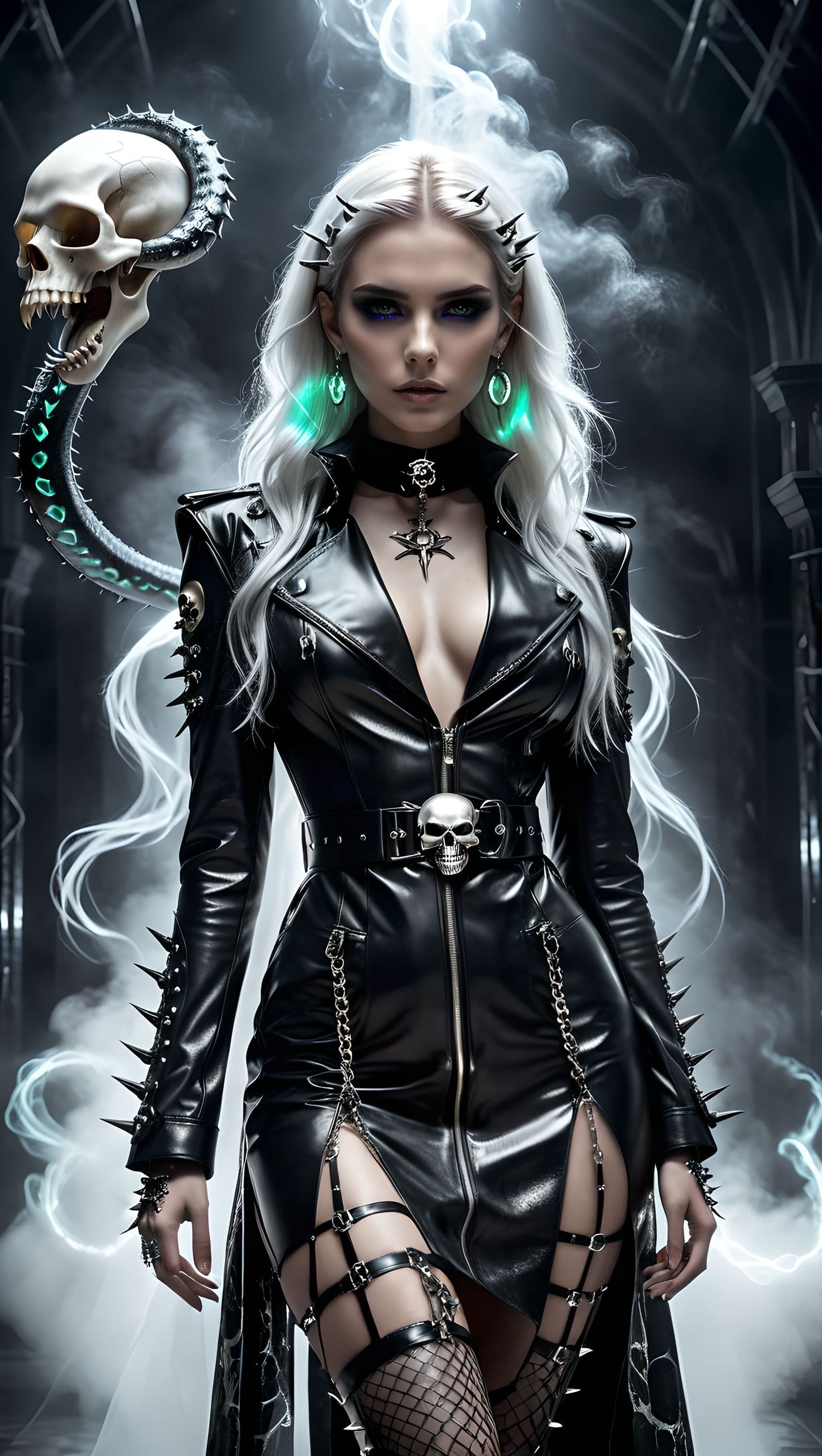 AI generated: Dark couture meets spectral mysticism, sleek leather trench dress adorned with stitched bone motifs,...