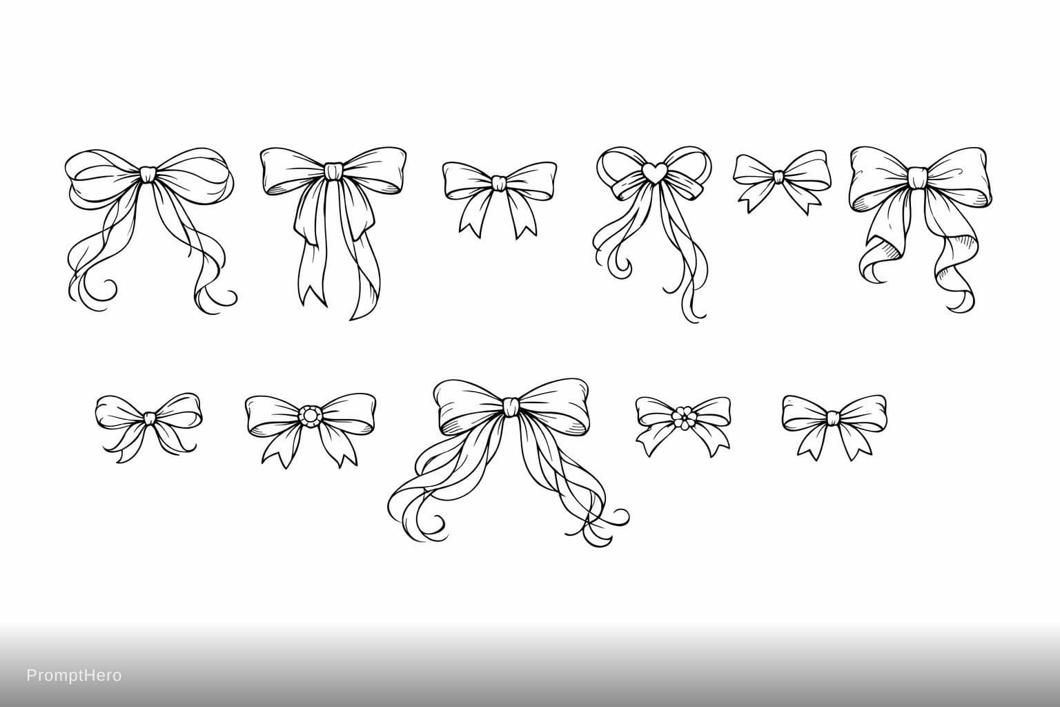 AI generated: collection of 10 coquette style bows, elegant hand drawn ribbon bows, thin black line art, mix of lo...