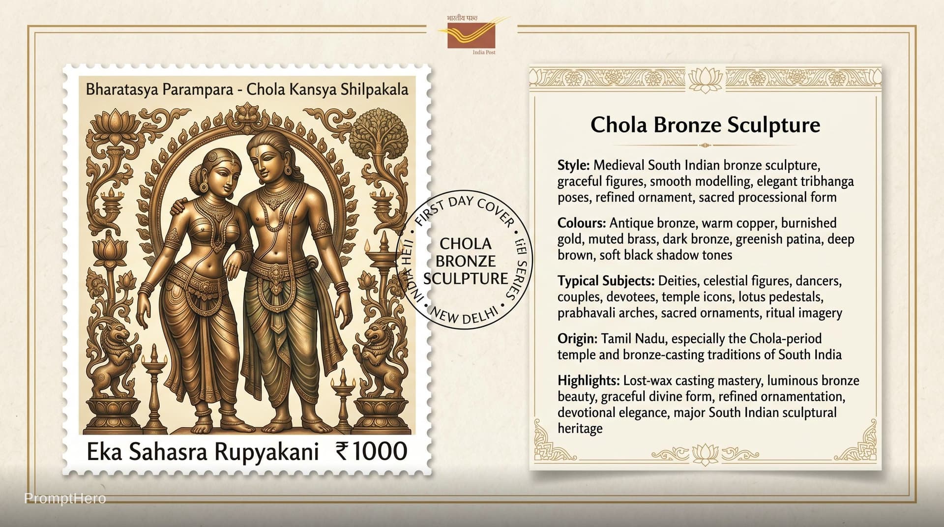 AI generated: Create a 16:9, 4K premium commemorative First Day Cover envelope inspired by India Post heritage des...
