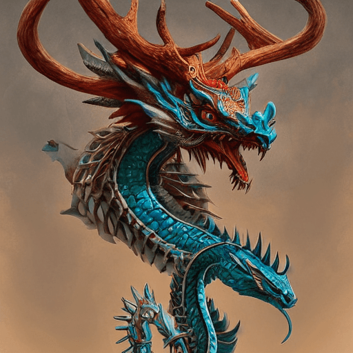 AI generated: cyan the complete dragon has a chinese dragon head, antlers, snake body, and eagle claws. the center...