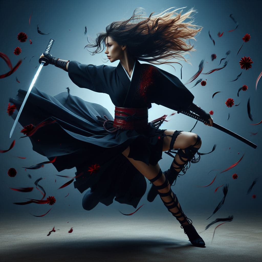 AI generated: A photo of a female samurai warrior in dynamic motion, wielding a katana. She has long, wavy black h...