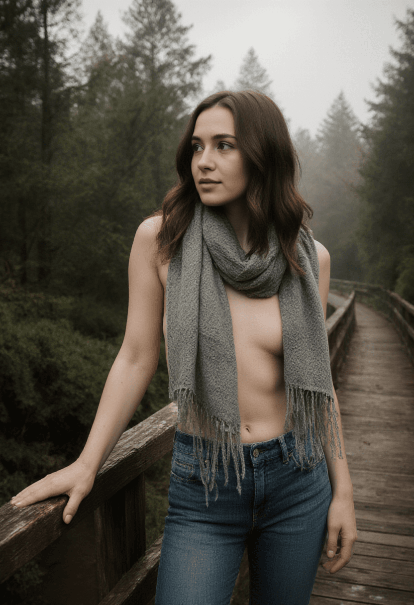 AI generated: A photorealistic portrait of a woman standing on a weathered wooden bridge in a dense, misty forest....
