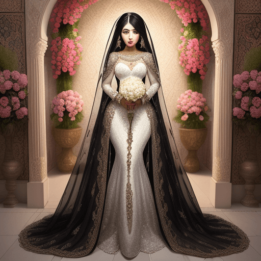 AI generated: Iranian bride,wallpaper garden,Diamond jewelry,Bride dress,make up.lips,full body,hair black,8k