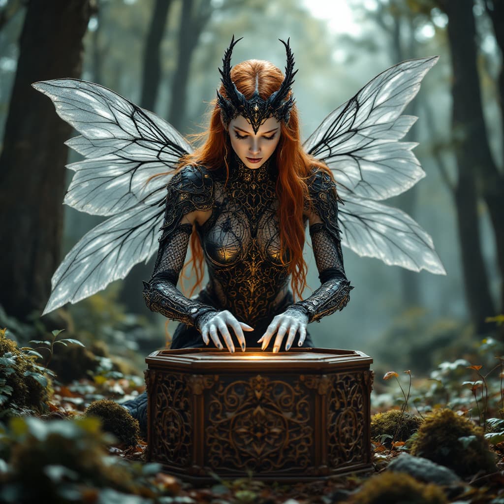 AI generated: A full body photo shot of a woman with long red hair and white Victorian Black Ebony wood armor, ins...