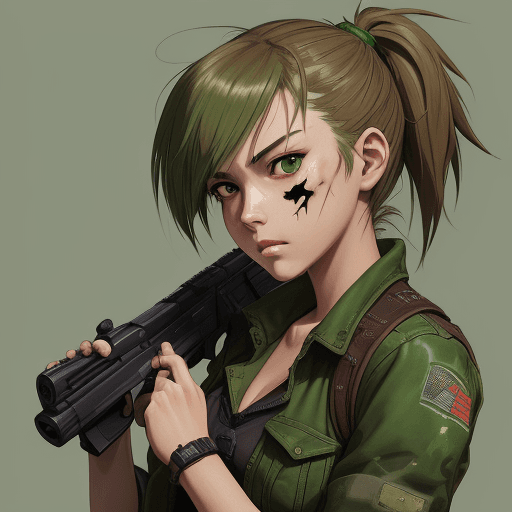AI generated: a girl holding a gun in her hand, in the style of anime art, light brown and green, strong facial ex...