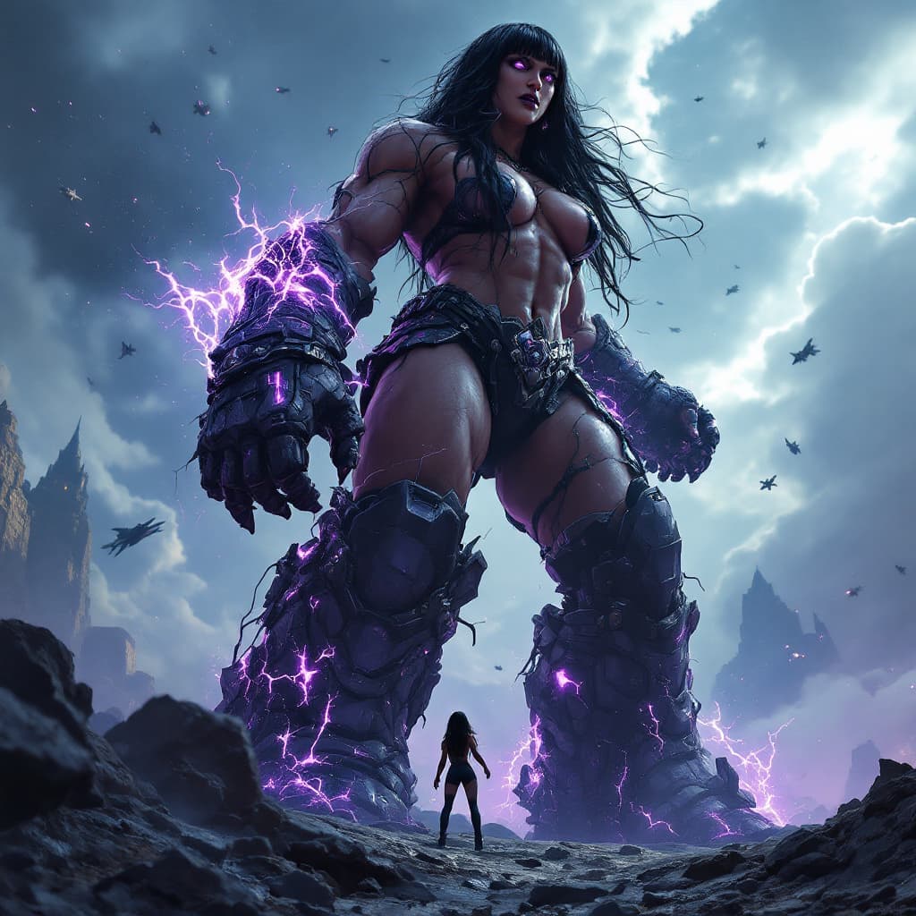 AI generated: enormous giantess female Rhea Ripley from WWE with black medium length hair and straight bangs, bigg...
