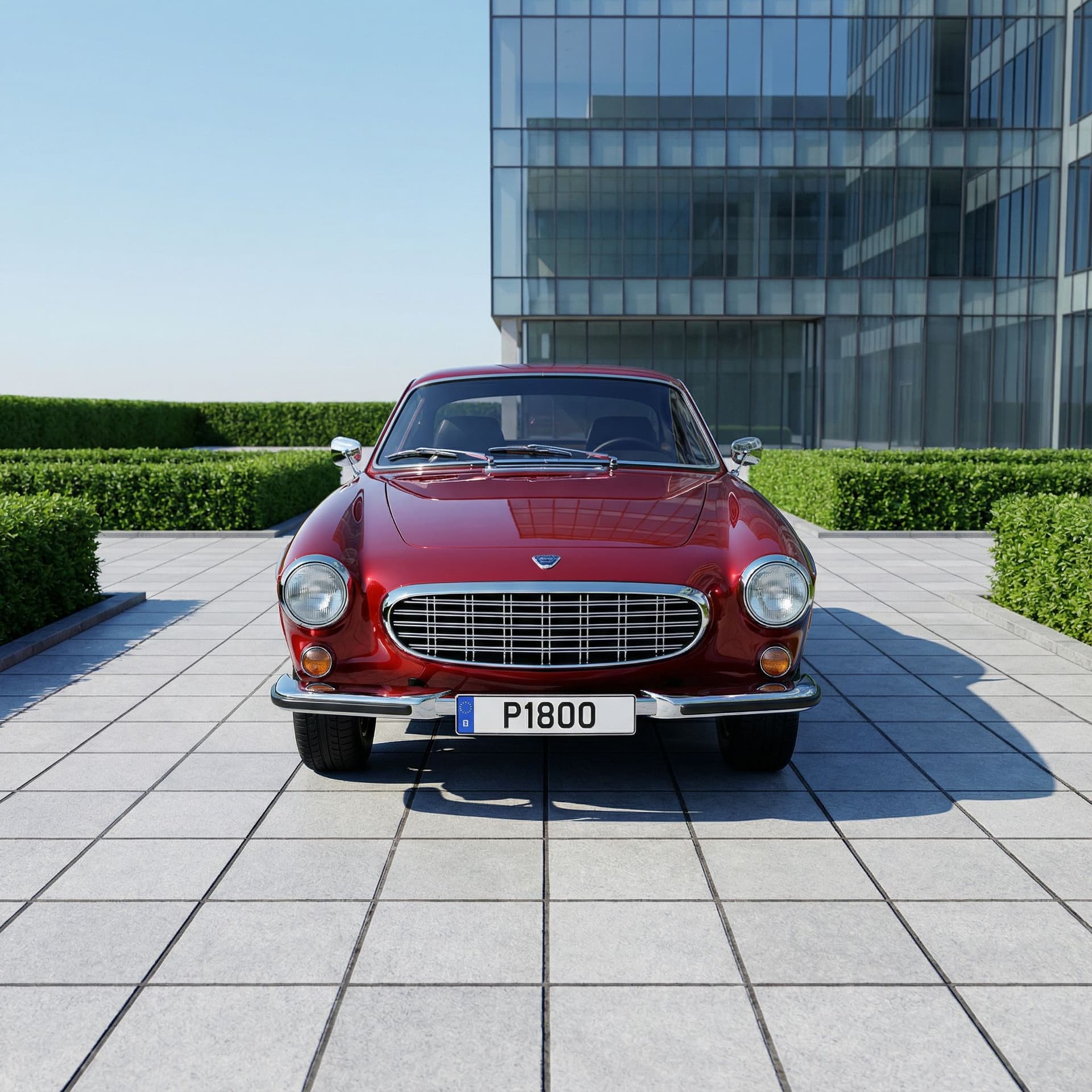 AI generated: Ultra-realistic 3D render of a 2026 Volvo P1800 coupe in factory-accurate ultra-deep piano-gloss jet...