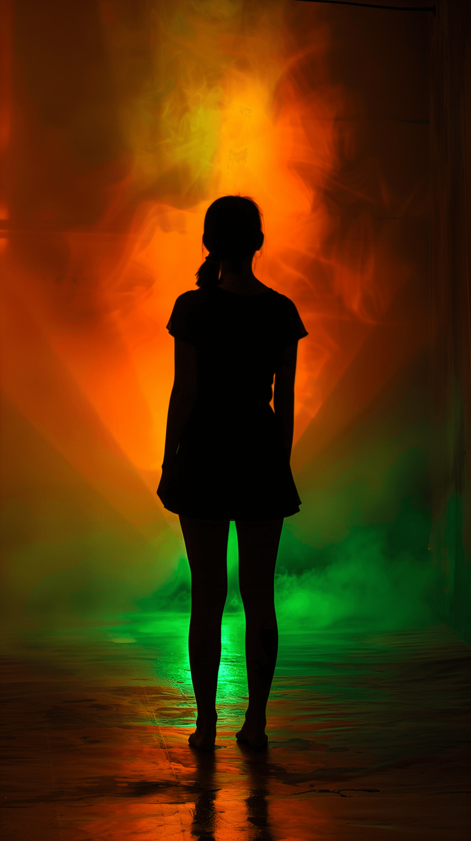 AI generated: silhouette of a woman standing under vibrant colored lighting, orange, green, and yellow lights illu...
