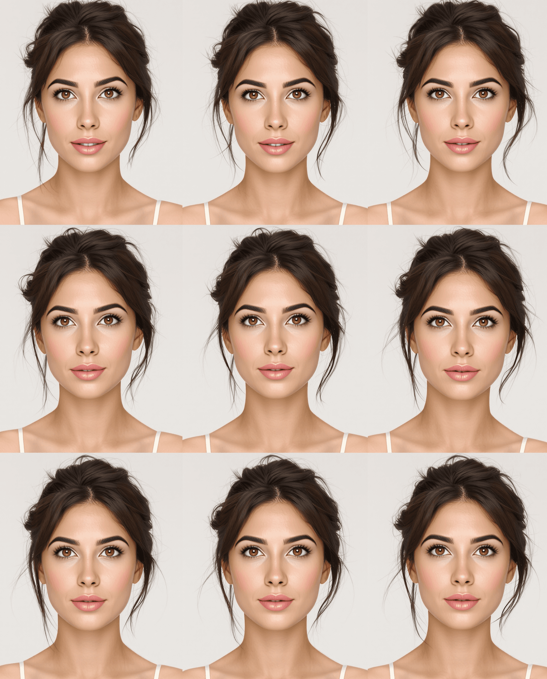 AI generated: A 3x3 grid of a British Caucasian woman in multiple poses. She has a realistic symmetrical face, ova...