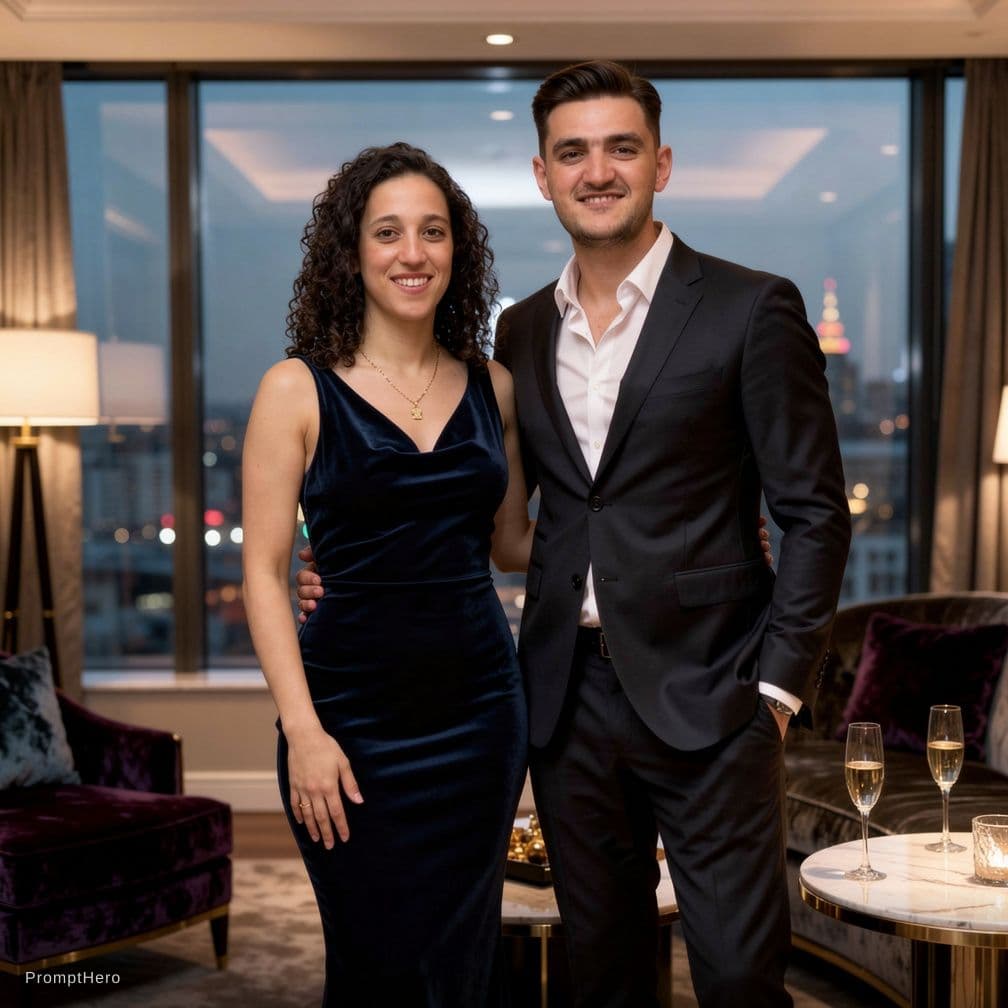 AI generated: A stylish, attractive couple in their mid-30s, both fit and well-shaped, standing together in a luxu...