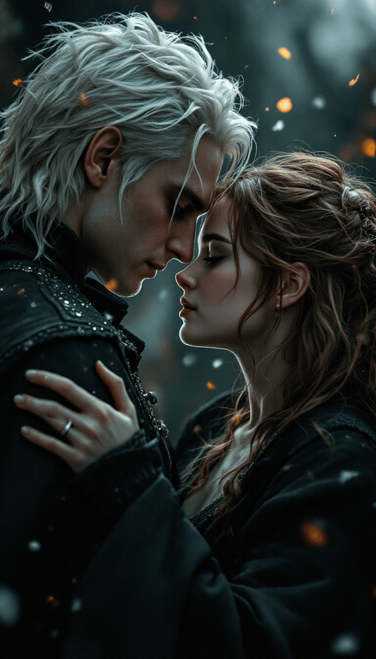 AI generated: Adult Draco Malfoy with white blonde hair and Adult Hermione Granger with bushy brown hair embraced,...