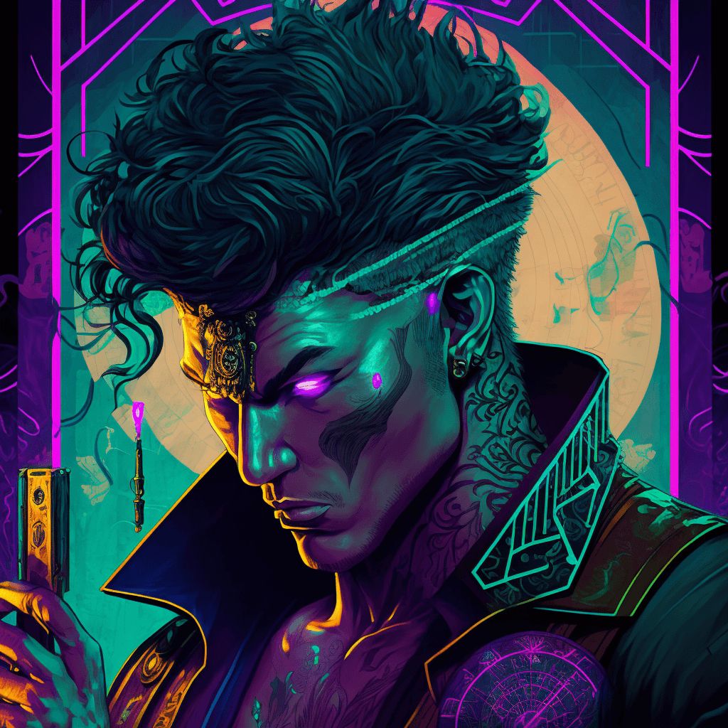 AI generated: 3/4 shot of a rugged asian man with scar over his eye, detailed tarot cart with intricate border, sy...