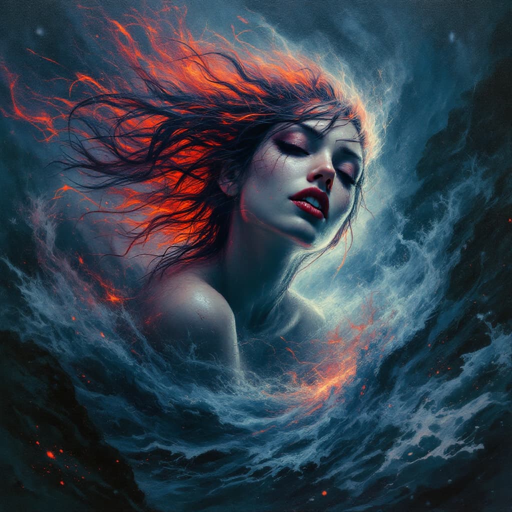 AI generated: Dark surrealist artwork. Medium shot. A tempestuous woman stands amidst a turbulent, dreamlike lands...