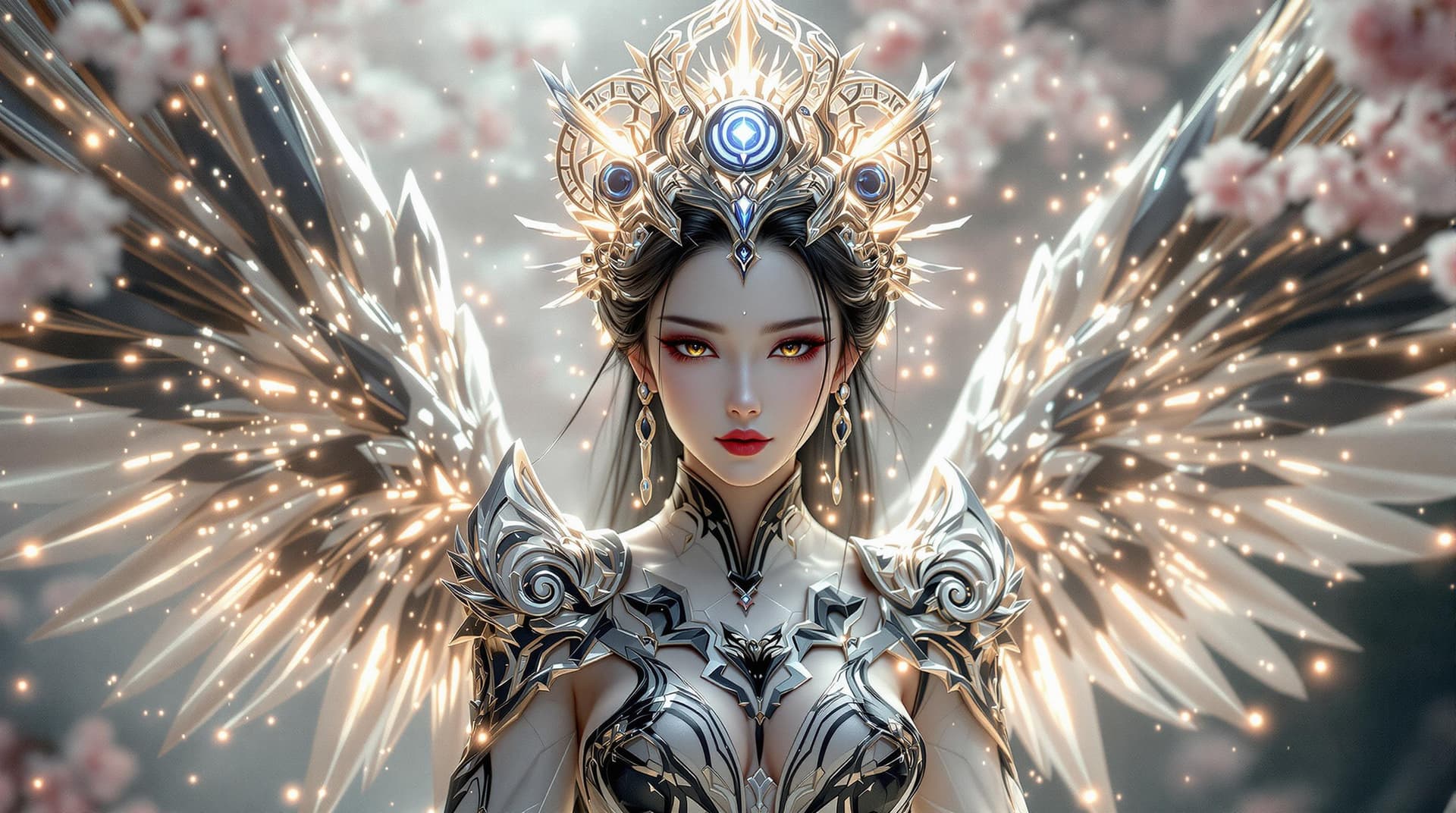 AI generated:  futuristic archangel character with a beautiful, delicate Japanese face, geisha-inspired features, ...