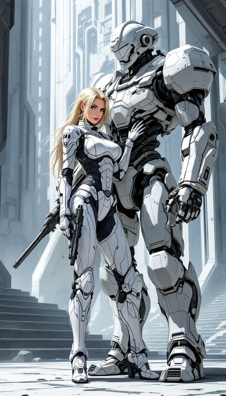 AI generated: A full body shot of a European blondie female warrior in an armored suit stands next to her robot, h...