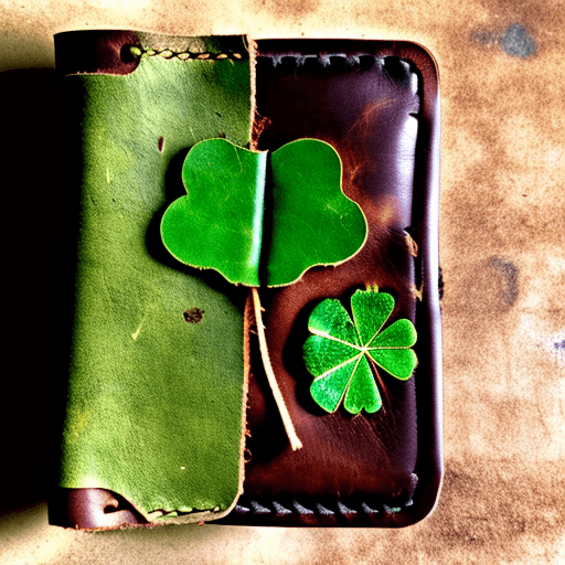 AI generated: An abandoned leather wallet,  open, containing a dusty dry leaf and a green clover. Style: goth
