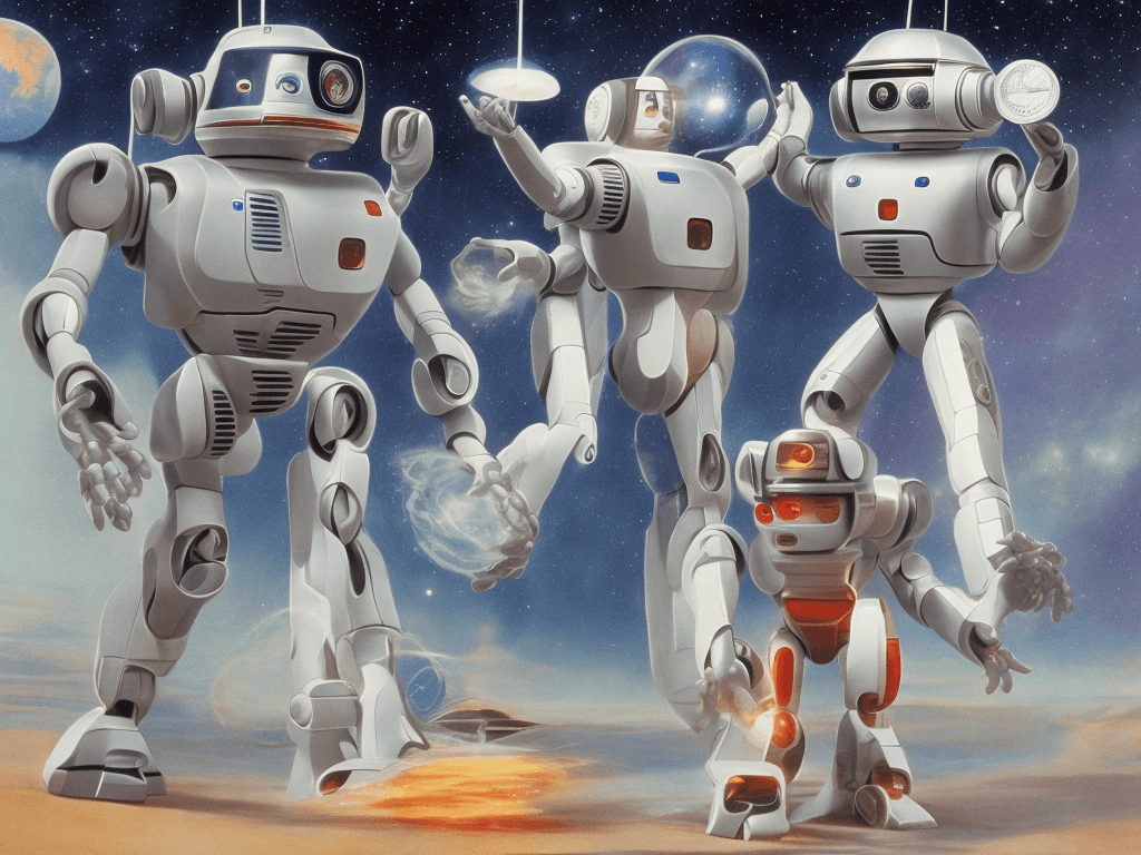AI generated: 1980s hero like Buck Rogers and Galaxy Rangers cartoon, with robots like Twiki from Buck Rogers. 