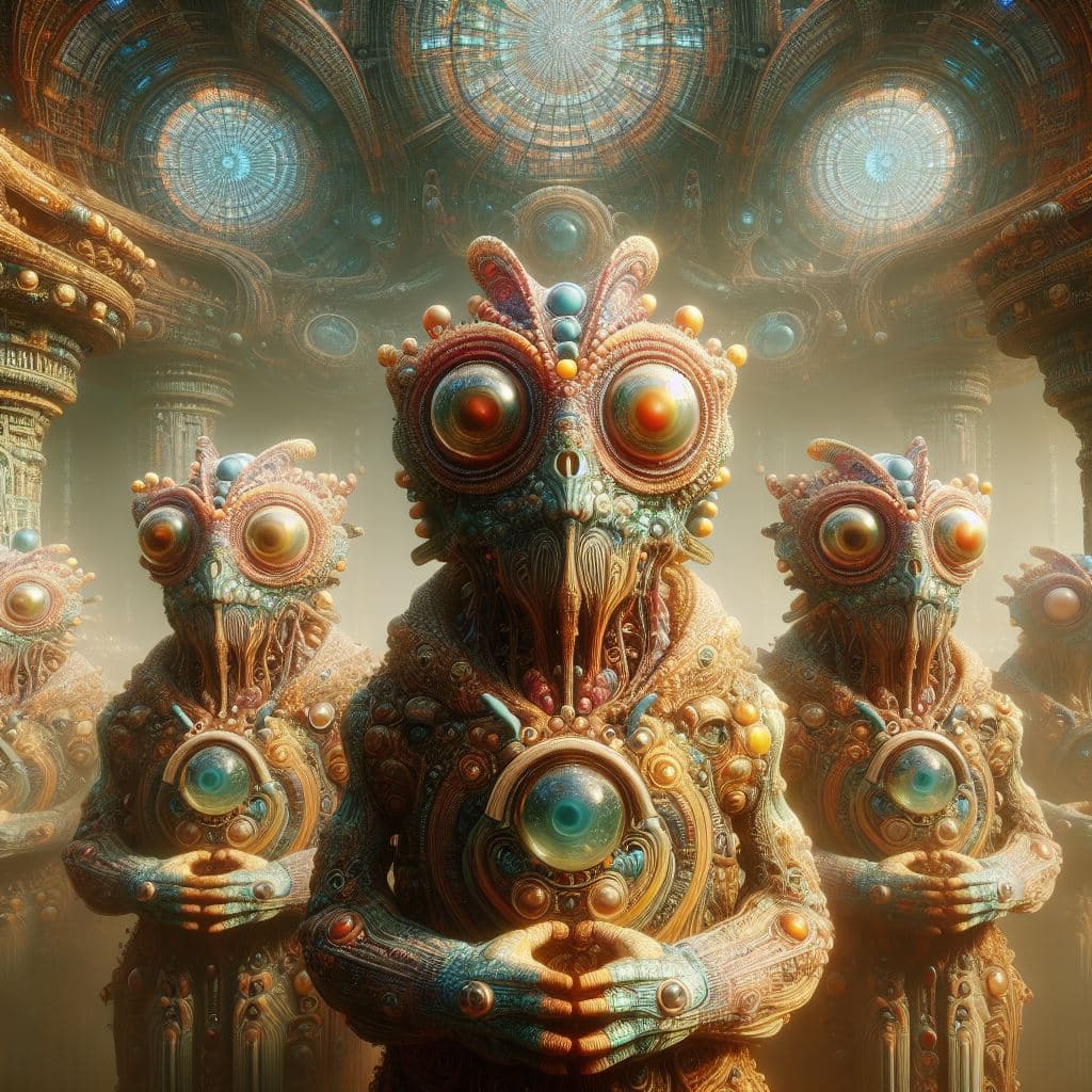 AI generated: A group of alien (frog-squirrel)-like worshippers (detailed faces) of an extraterrestrial cult servi...