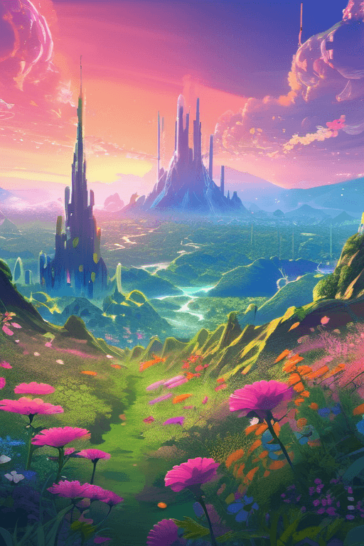 AI generated: anime artwork ” outer planet overgrown with wild flowers, [ art by paul lehr, cinematic, detailed, e...