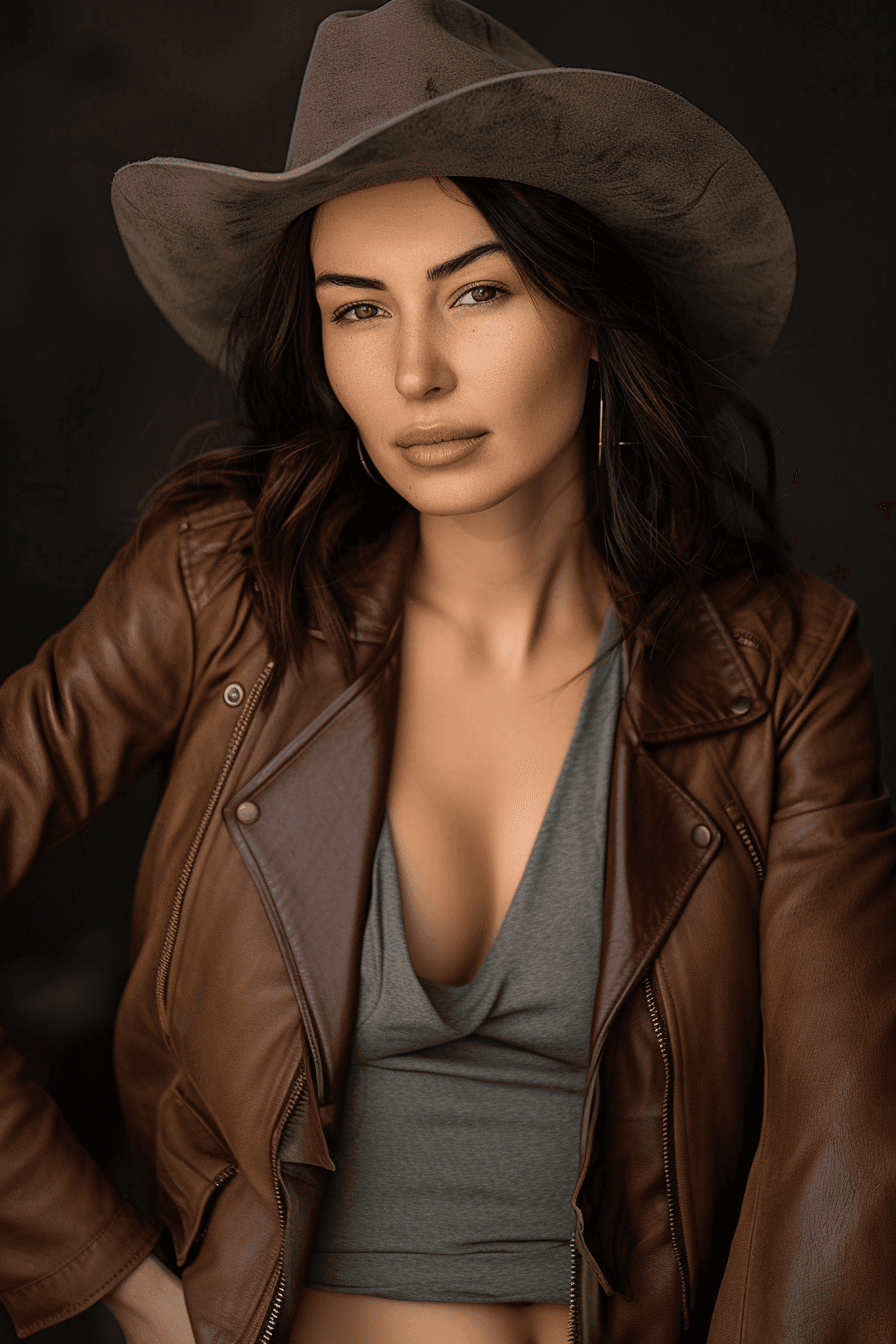 AI generated: Portrait of a beautiful slavic woman with a lip filler wearing a stylish brown leather jacket and a ...