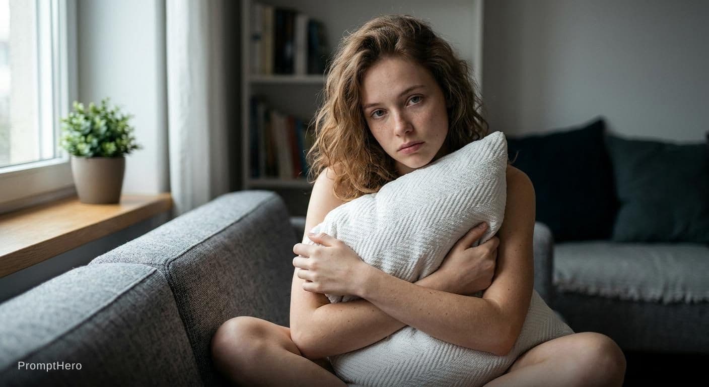 AI generated: Photorealistic editorial portrait of a young woman with messy wavy hair, light freckles, a natural b...