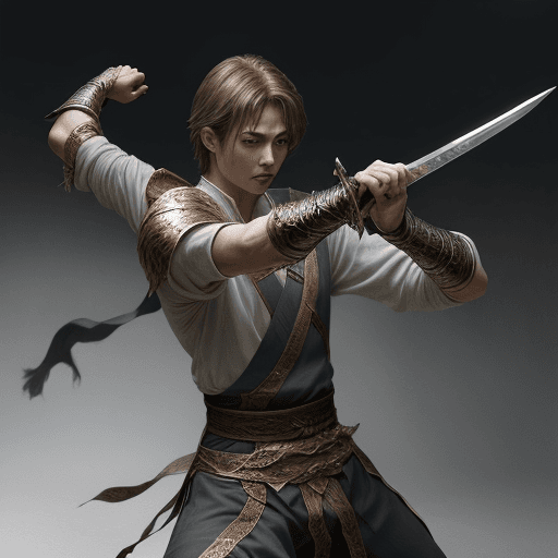 AI generated: ultra realistic male swordsman in a fantasy realm dance-fighting with a nine-ring sword