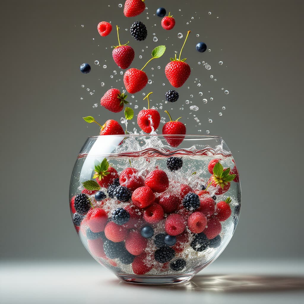 AI generated: red fruits falling into a champagne fish bowl