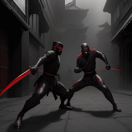 AI generated: Create a highly detailed scene featuring two Japanese ninjas engaged in a fierce battle within a got...