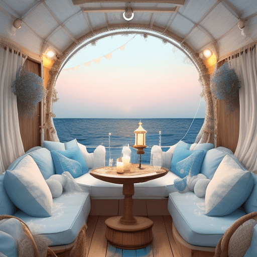 AI generated: A boho terrace in light blue and white tones with a round sofa, cushions and candles with a light on...