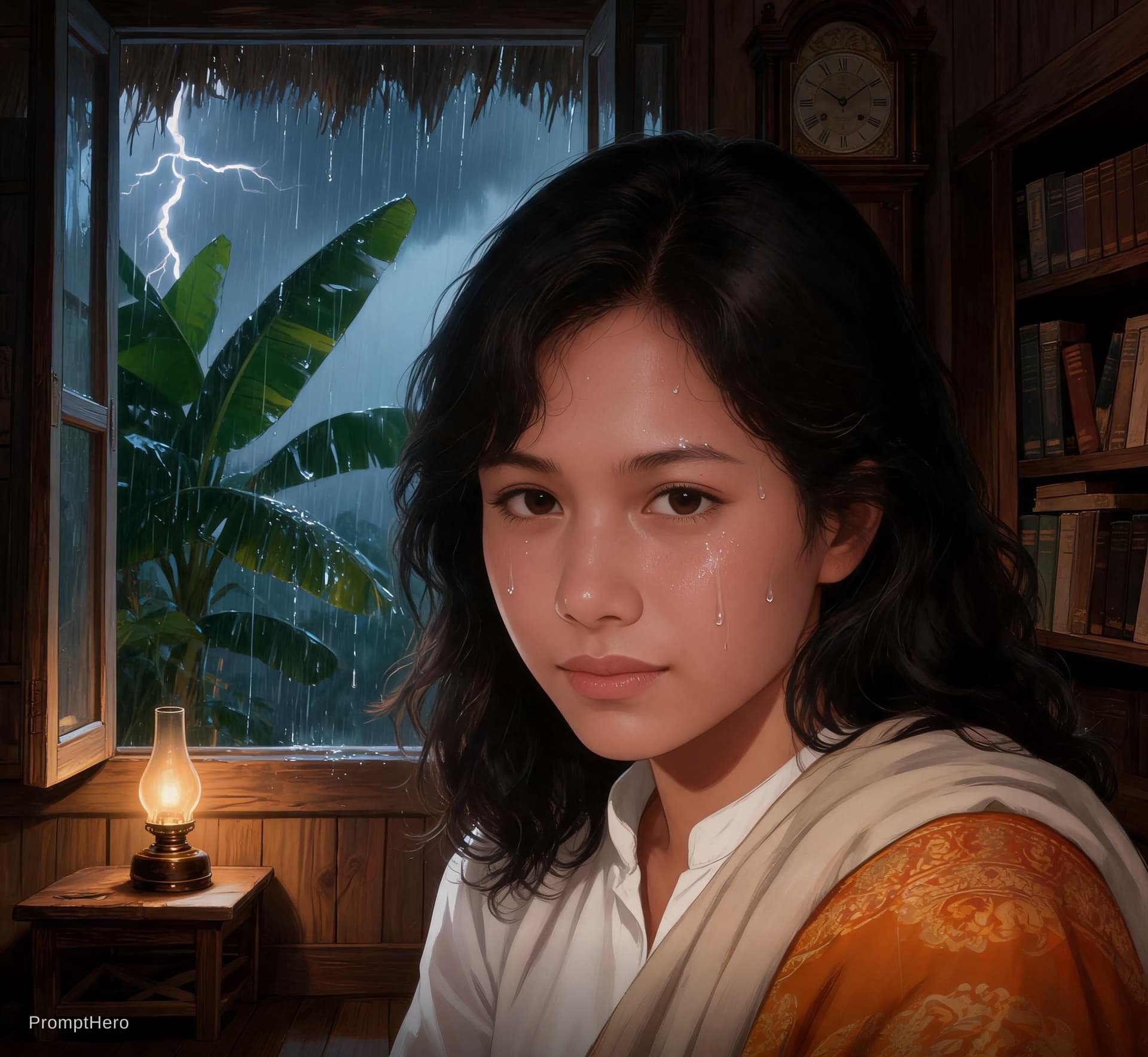 AI generated: An extreme close-up drawing of a natural beautiful young Malaysian woman, wrapped in a thin shawl, l...