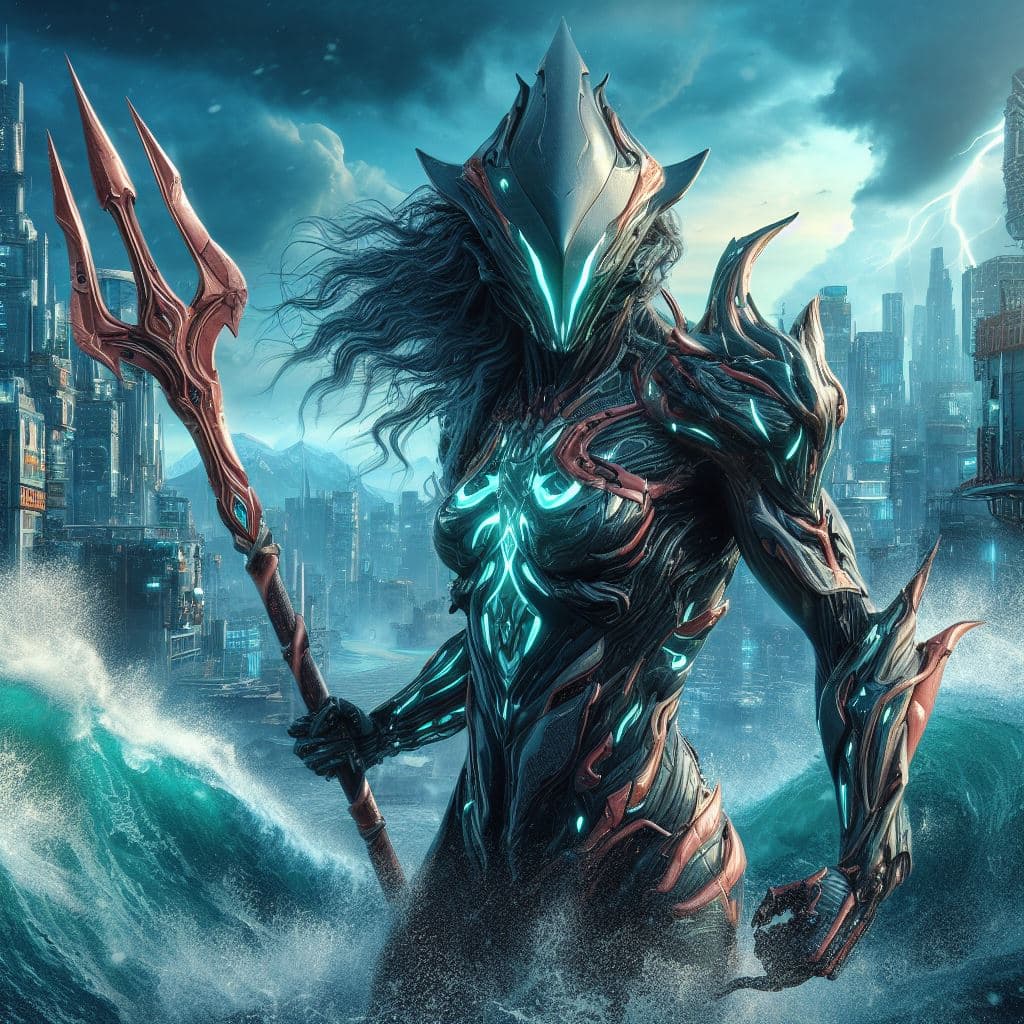 AI generated: a badass humanoid woman with an organic shark armor with scales and neonlight holding a trident, hea...