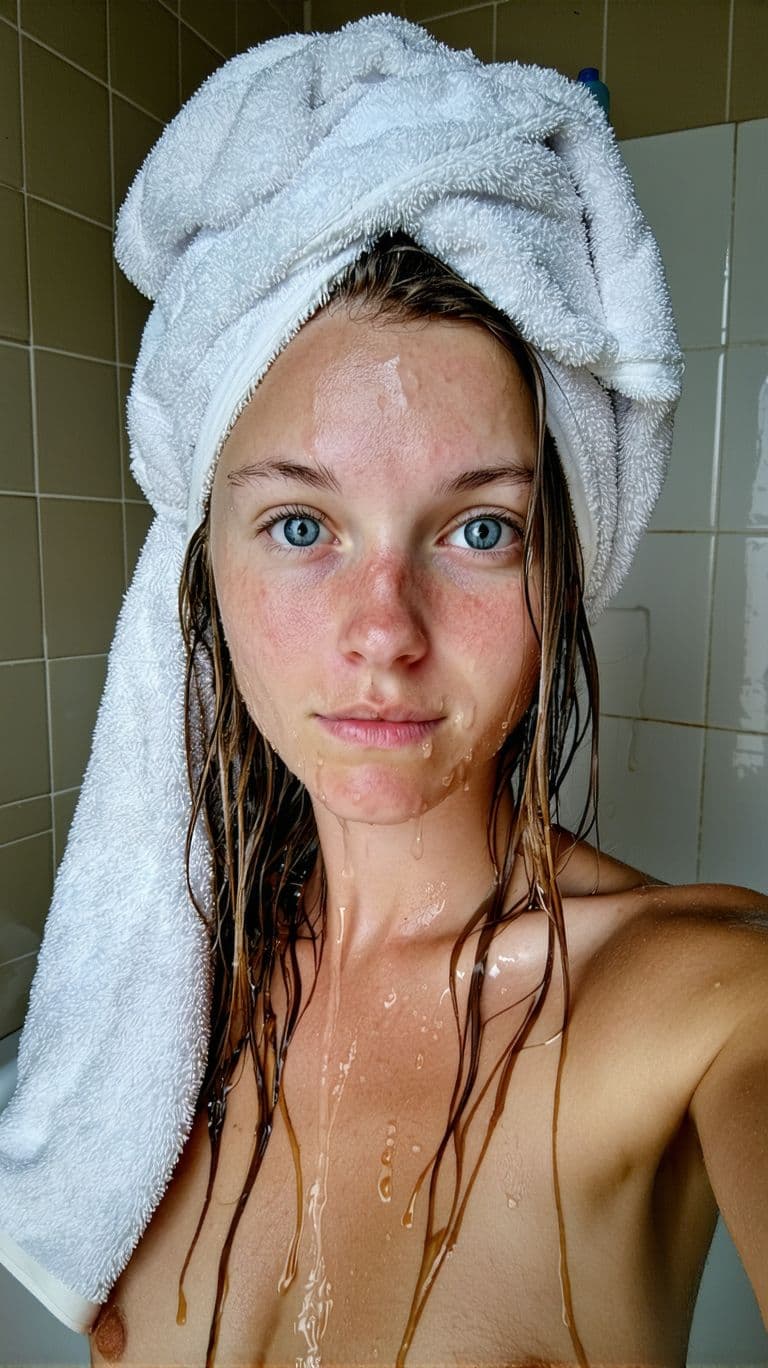 AI generated: low quality phone photo, snapchat, front shot, upper body, 35 year old girl, in the bathroom, just o...