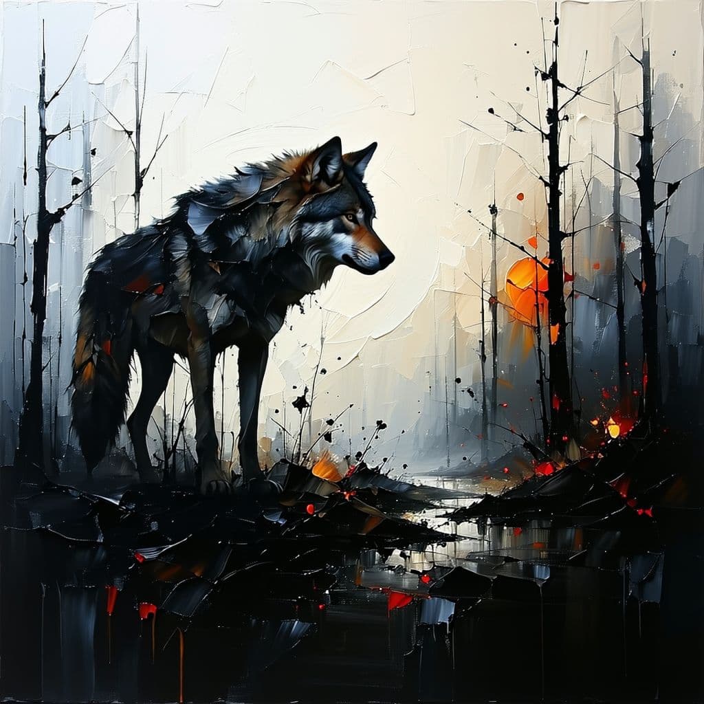 AI generated: oil painting, cardboard like silhouette of a sad wolf, head down, low tail, inside wolf silhouette, ...
