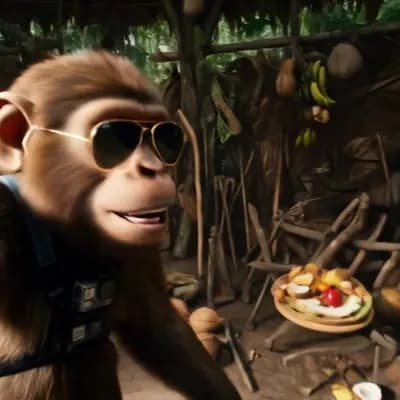AI generated video: A medium selfie-style shot filmed on a wide-angle 24mm lens. A hyperrealistic monkey—wearing a tiny ...