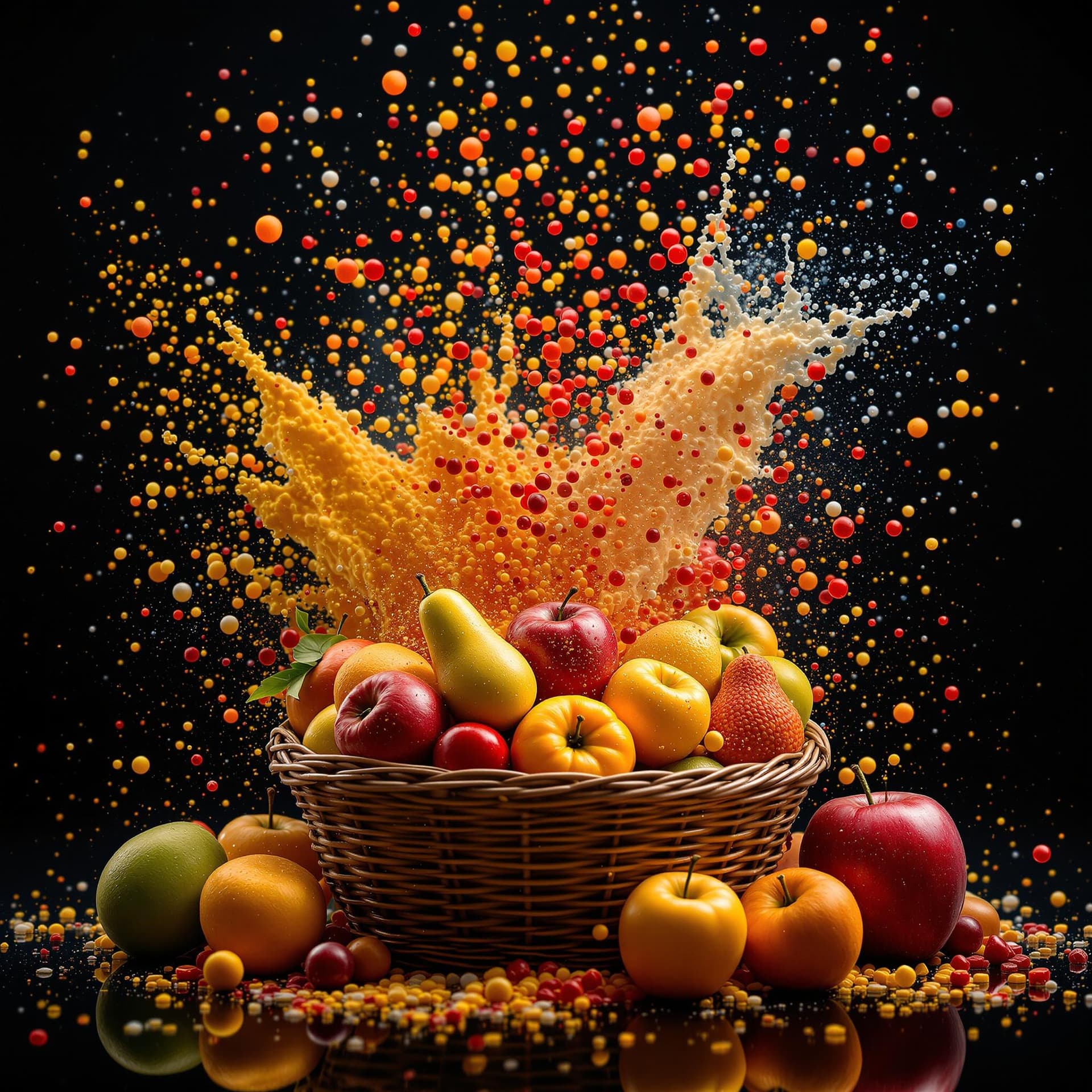 AI generated: a basket of colorful fruits, with extreme contrast, extreme details, explode with huge particles spl...