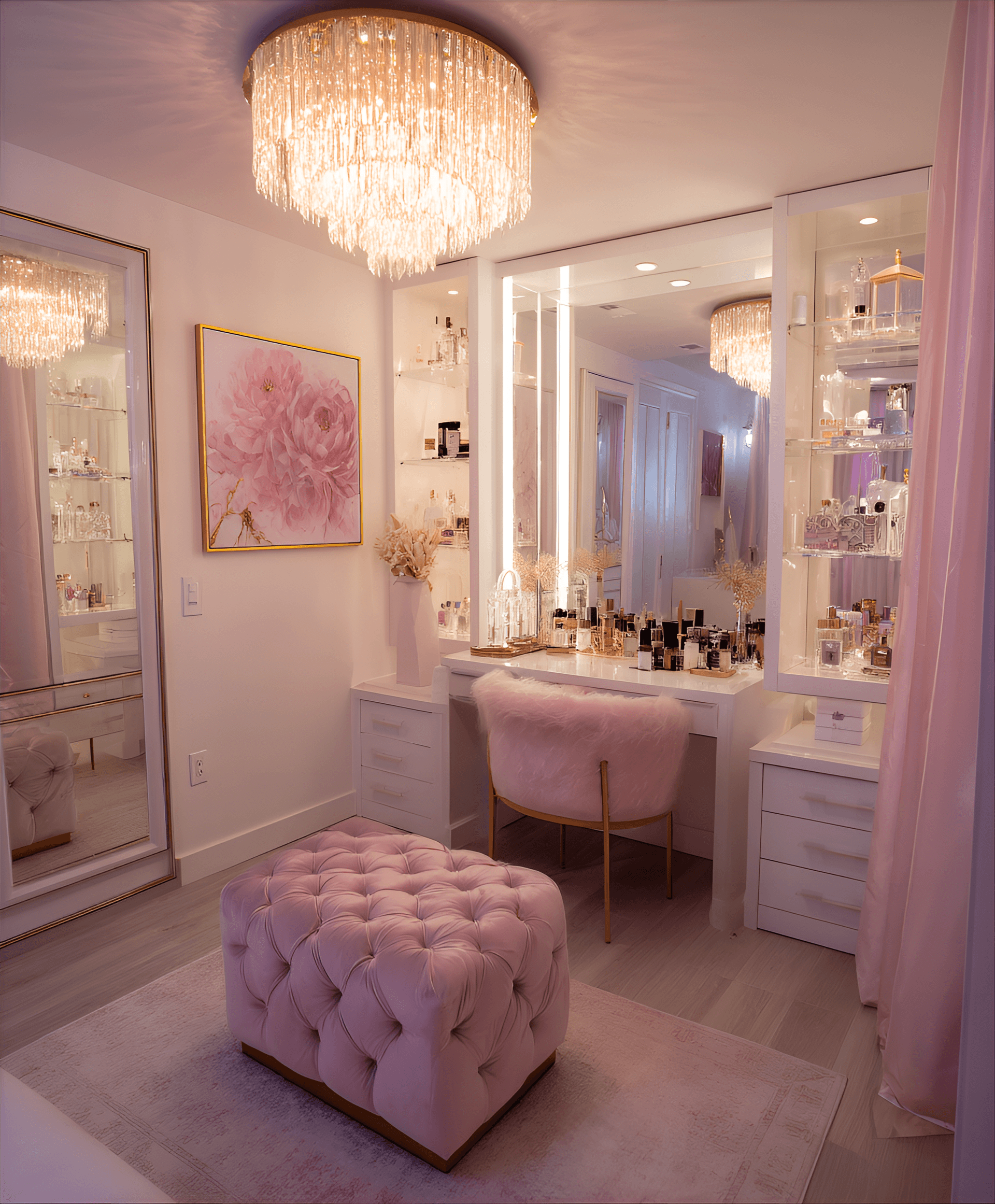AI generated: photography, a chic dressing room featuring a vanity table, plush seating, and mirrored walls, refle...