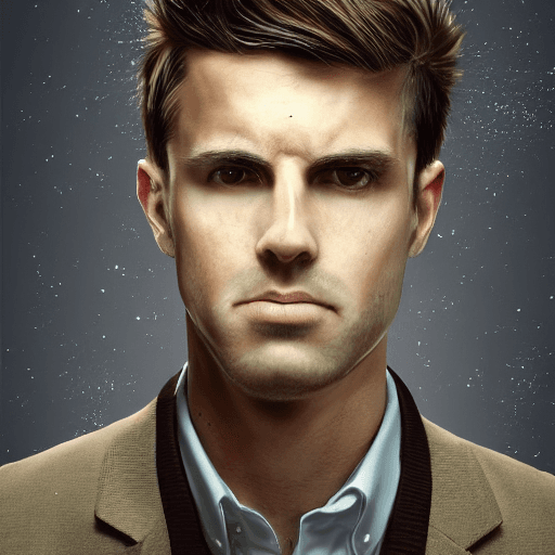 AI generated: A portrait of a man, close up , dark blond hair, big nose, clean shaven , face details, serious, wea...