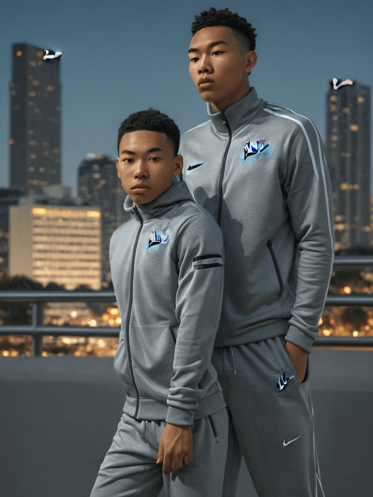 AI generated: young man moai head using nike tracksuit, accurate symmetry of the sky, night time, big full moon ab...