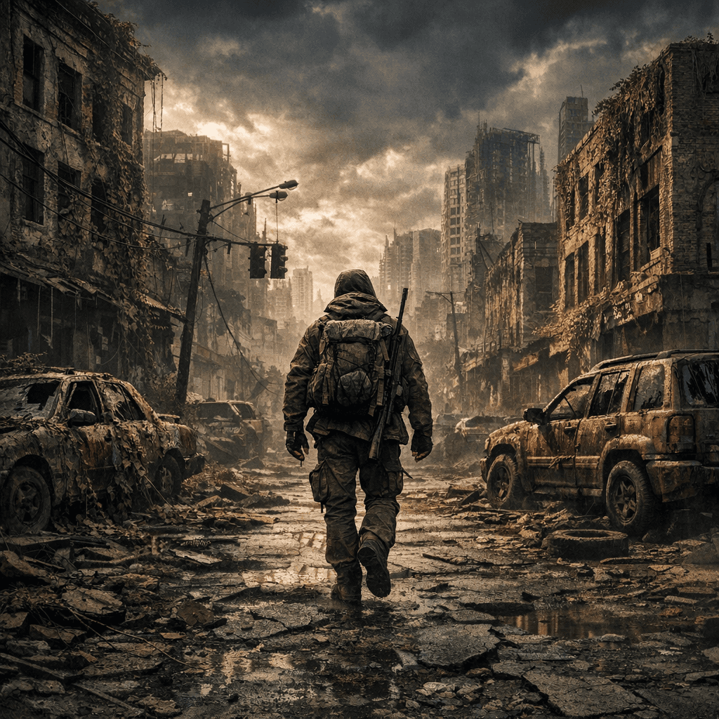 AI generated: Post-apocalyptic survivor walking through a ruined city street, overgrown vines, rusted cars, cracke...