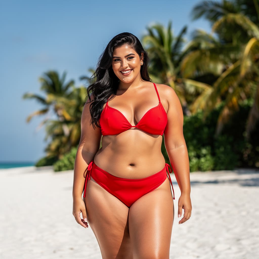 AI generated: A young plus size female model with long, wavy black hair, smiling brightly on a tropical beach. She...